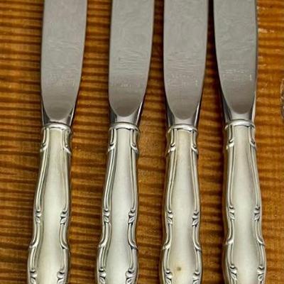 4 Gorham Sterling Silver Handled Dinner Knives W Stainless Steel Blades Andante Pattern 9 Inch - 296.51 Grams 