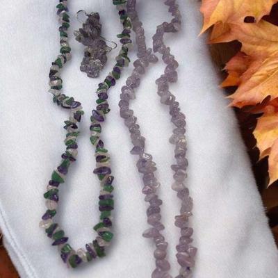 Amethyst jadeite chip bead necklaces & complementing earrings