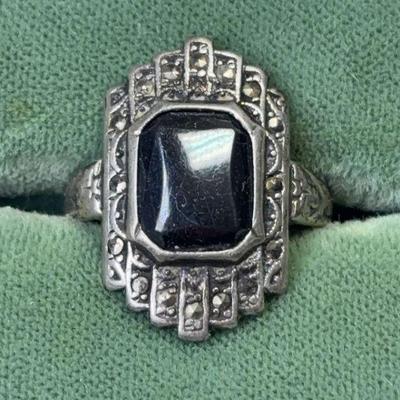 Sterling silver marcasite and onyx ring