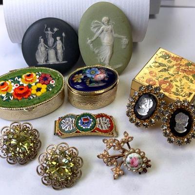 Pill boxes ceramic buttons, earrings and micro mosaic
