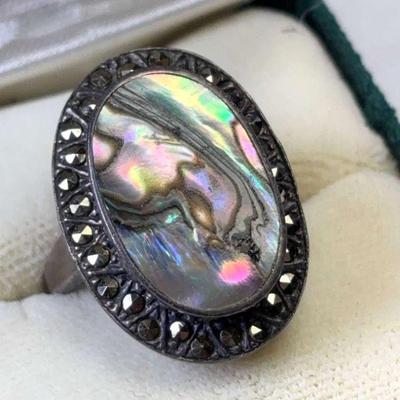 Sterling abalone & marcasite ring
