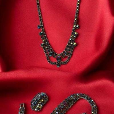 Multi colored rhinestone necklace bracelet & clip earrings