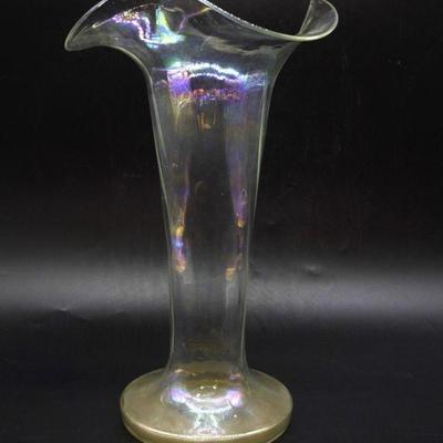 VINTAGE 1920S TALL HAND BLOWN IRRIDESCENT LILY GLASS VASE