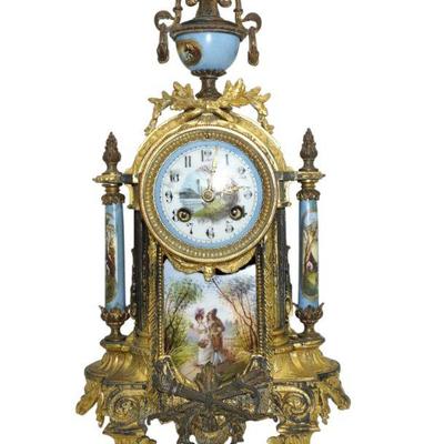 ANTIQUE FRENCH SEVRES STYLE GILT METAL & PORCELAIN CLOCK