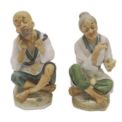 JAPANESE BISQUE PORCELAIN OLD MAN AND WOMAN FIGURINES
