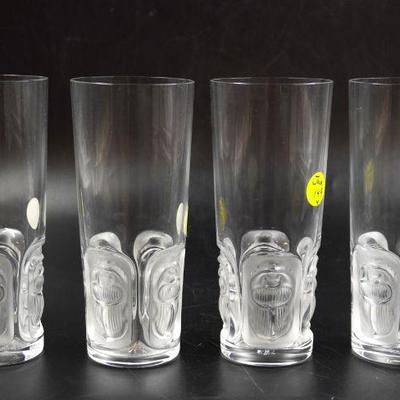 4 LALIQUE CRYSTAL KHEPRI 12 OZ HIGHBALL TUMBLERS