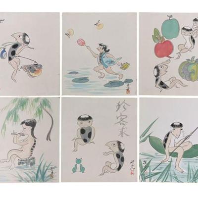 SET OF 6 MID CENTURY JAPANESE KAPPA WATERCOLORS