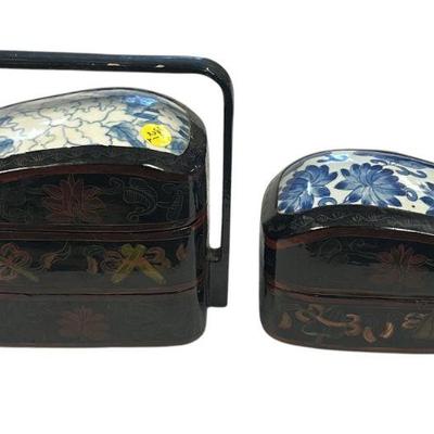 PAIR JAPANESE LACQUER & PORCELAIN BENTO BOXES