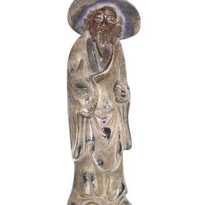 BRONZE JAPANESE WISEMAN WITH FISH STATUE