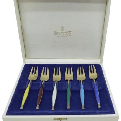 6 DAVID ANDERSON STERLING ENAMELED FORKS BOXED SET