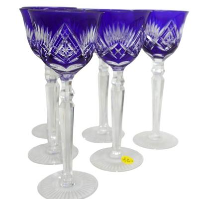 6 BOHEMIAN COBALT CUT TO CLEAR HOCK GLASSES