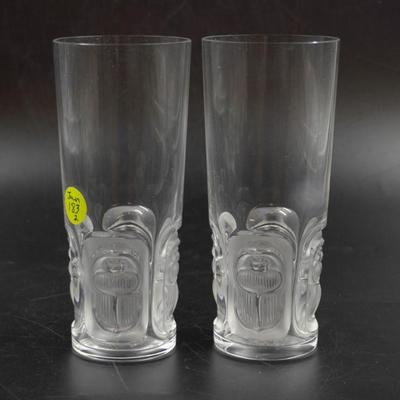 2 LALIQUE CRYSTAL KHEPRI 12 OZ HIGHBALL TUMBLERS