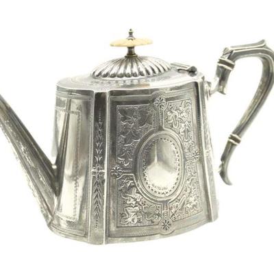 EDWARDIAN ALFRED LINDLEY CHASED SILVERPLATE TEAPOT