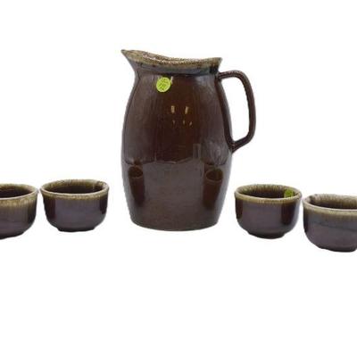 5 PC VINTAGE BROWN DRIP PITCHER & CUPS / BOWLS