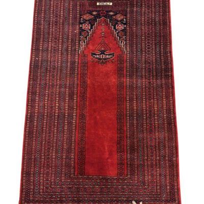 SIGNED HAND KNOTTED MORI BOKHARA PRAYER RUG