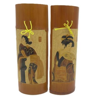 SET OF 2 VINTAGE JAPANESE BAMBOO GEISHA WALL HANGINGS