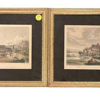 PAIR OF ANTIQUE 1840 AQUATINT ENGRAVINGS "FRENCH TOWN SCENES"