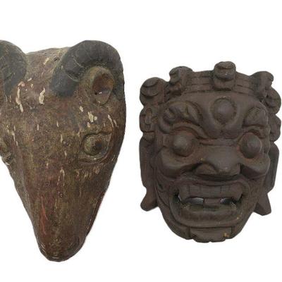 TWO ANTIQUE ASIAN CARVED WOOD MASKS