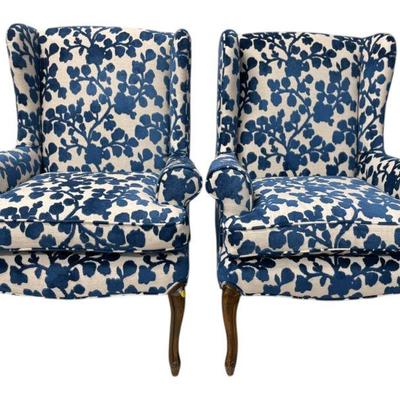 PAIR QUEEN ANNE WINGBACK BLUE & WHITE CHAIRS