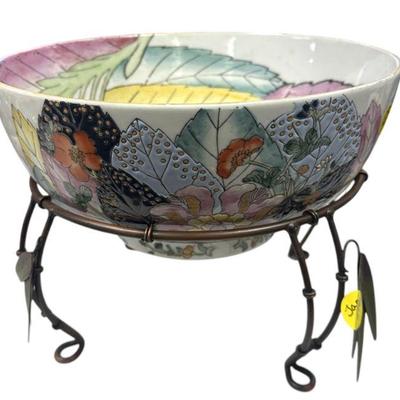 HAND PAINTED PORCELAIN TOBACCO LEAF BOWL WITH STAND