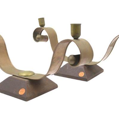 PAIR OF HECTOR AGUILAR TAXCO, MEXICO, COPPER & BRASS CANDELABRAS