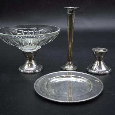 4 PC STERLING PLATE - VASE- BOWL - CANDLESTICK