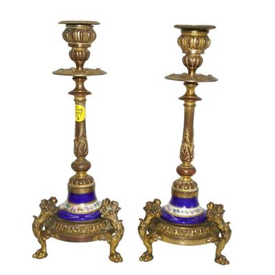 ANTIQUE FRENCH GILDED BRONZE AND PORCELAIN CANDLESTICKS