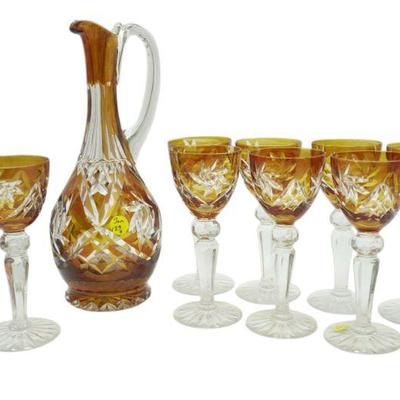 SET BOHEMIAN AMBER CUT TO CLEAR DECANTER & 8 WINES