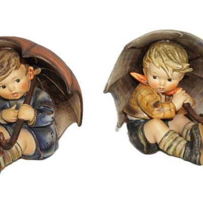 2 VINTAGE LARGE HUMMEL BOY & GIRL WITH UMBRELLA
