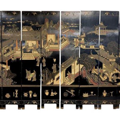 TALL 8 PANEL LACQUERED COROMANDEL CHINESE SCREEN