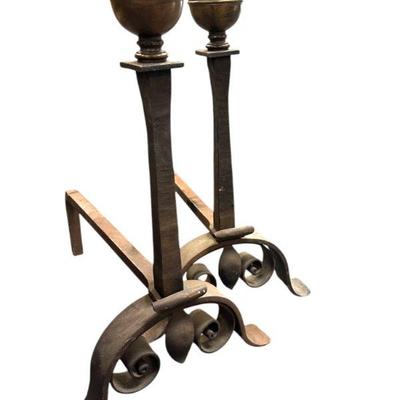 ANTIQUE WROUGHT IRON & BRASS ANDIRONS