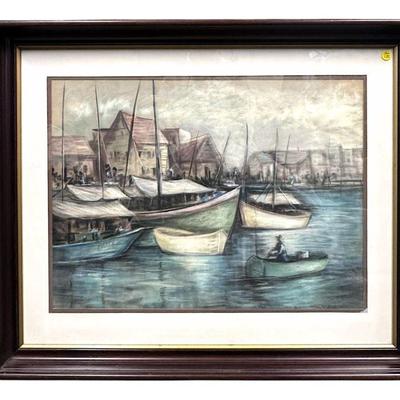 LARGE MID CENTURY OIL PASTEL FISHING VILLAGE