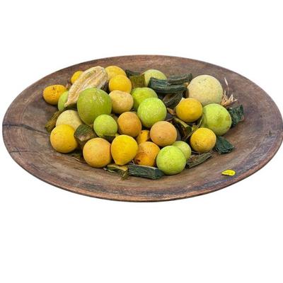LARGE PRIMITIVE WOOD DOUGH BOWL & DECORATIVE FRUIT