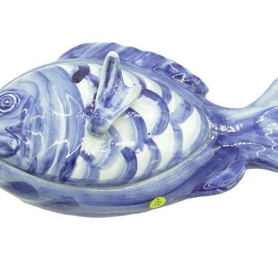 BLUE & WHITE HAND PAINTED FISH TUREEN