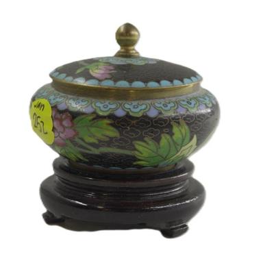 ZI JIN CHENG SMALL CHINESE CLOISONNE LIDDED BOWL ON STAND