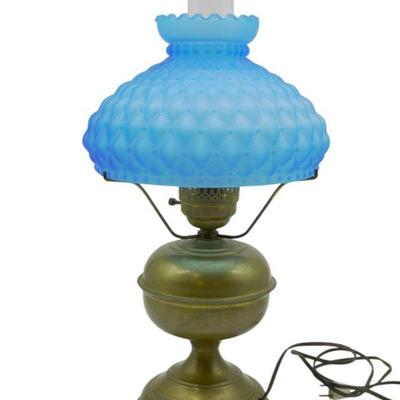 BRASS STUDENT LAMP WITH PUFFY SATIN GLASS SHADE