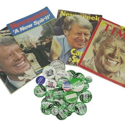 JIMMY CARTER CAMPAIGN PINS AND MAGAZINES - 32 PIECES