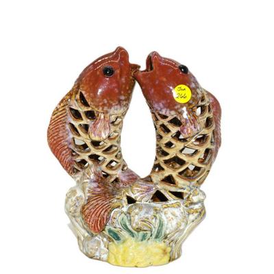 VINTAGE CHINESE MAJOLICA POTTERY DOUBLE KOI VASE