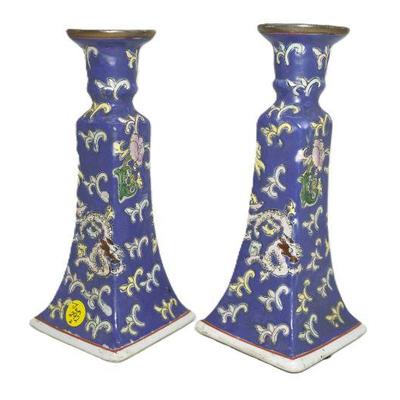 PAIR VINTAGE MACAU PORCELAIN CANDLESTICKS