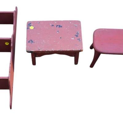 3 pc FARMHOUSE PRIMITIVE STOOLS & SHELF