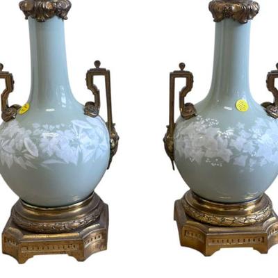 PAIR OF ANTIQUE CELADON PORCELAIN FRENCH GILDED BRONZE TABLE LAMPS