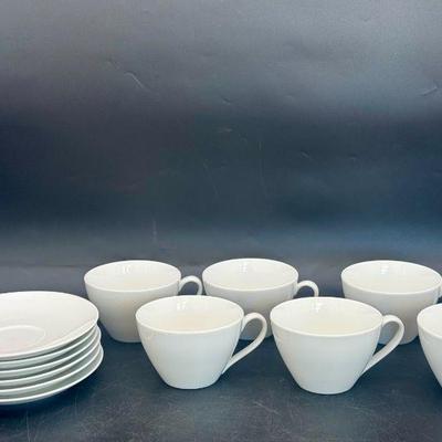 (6) Crate & Barrel White Porcelain Mugs & Saucers
