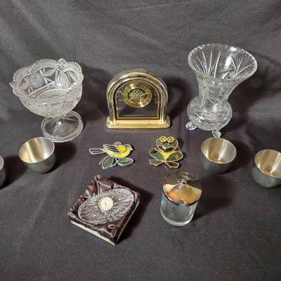 Home Decor - Waterford Crystal Clock, Frog & Bird Stained Glass, Glass Vase, Preisner Pewters Cups
