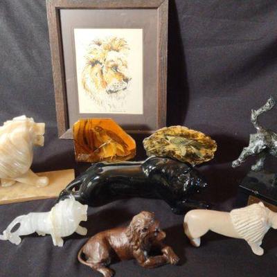6 Lion Figurine Statues and 2 Bird Plagues
