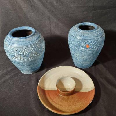 Handmade Pottery - 2 Blue Vases and Chips & Dip Plate
