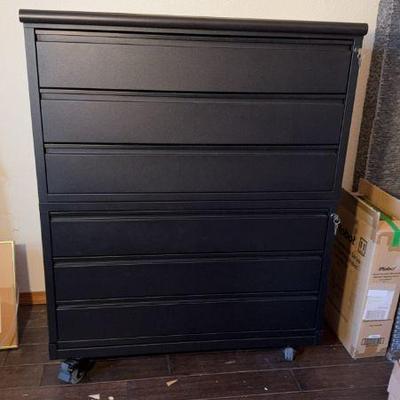 Black Metal Media Cabinet On Wheels-Top Slides, Drawers Have Moveable Dividers, Drawers Have Keys