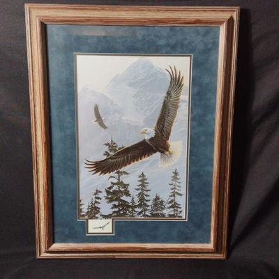 Artist Jan Martin McGuire - Eagles with Mountains and Forest Art Piece with Glass Wood Frame
