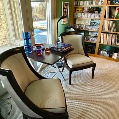  Ethan Allen pair Black Lacquer & silk chairs