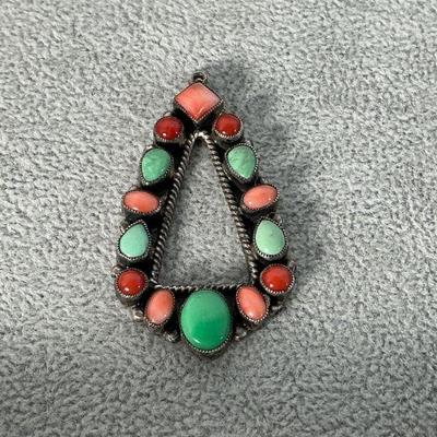 Sterling/Stone Pendant - Coral, Turq, - Marked Feeney