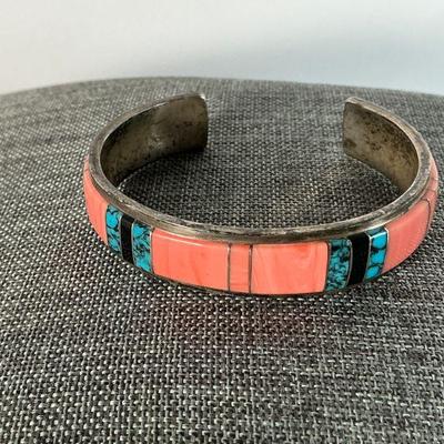 Sterling / Pink Coral/Turquoise Cuff